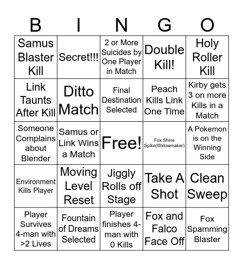 Smash Brothers Bingo Card