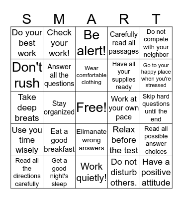 Test Taking Skills Bingo Card