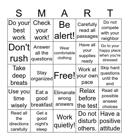 Test Taking Skills Bingo Card