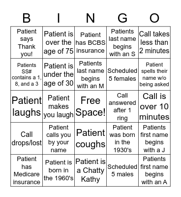 Call Center BINGO! Bingo Card