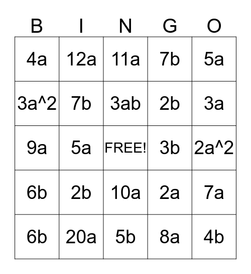 Greatest Common Factor with Variables Bingo Card