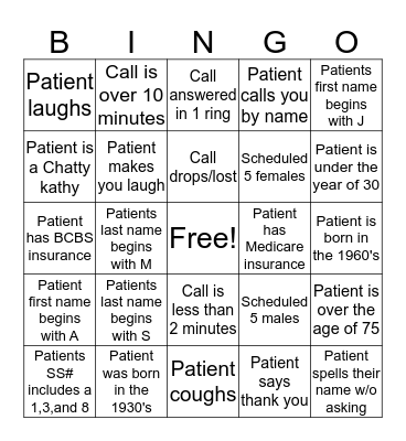 Call Center Bingo! Bingo Card
