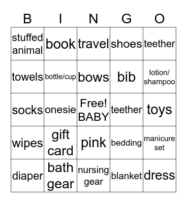 Baby Shower Gifts Bingo Card