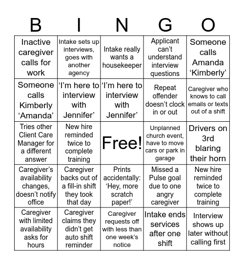 Mom's Home Care Bingo Card