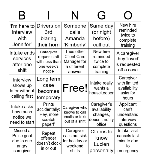 Mom's Home Care Bingo Card