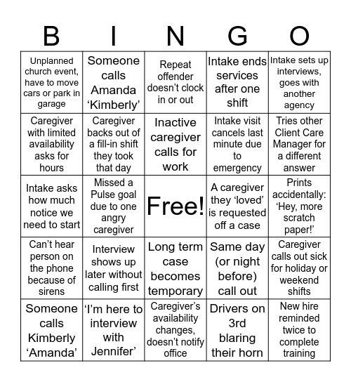 Mom's Home Care Bingo Card