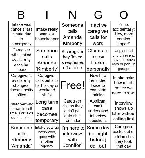 Mom's Home Care Bingo Card