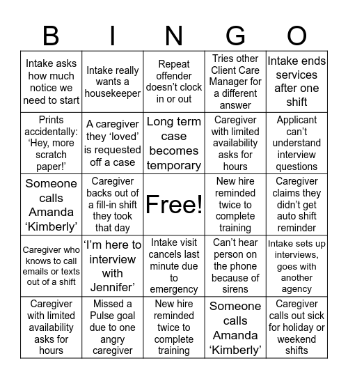 Mom's Home Care Bingo Card