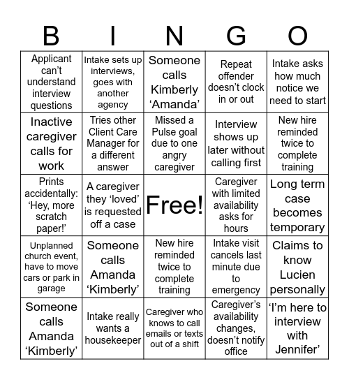 Mom's Home Care Bingo Card