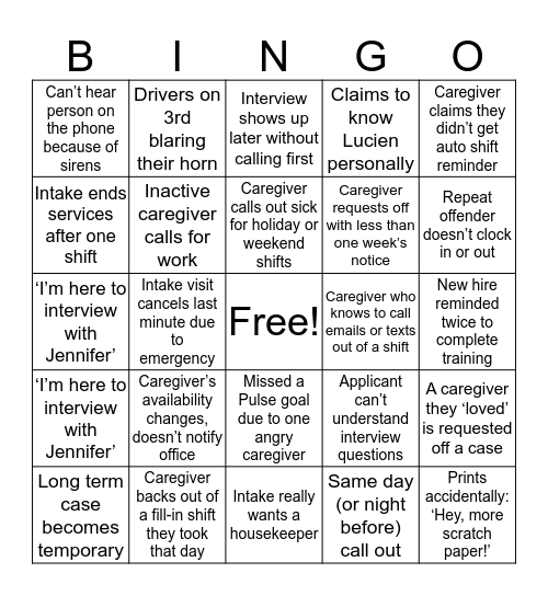 Mom's Home Care Bingo Card