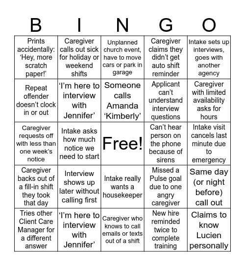 Mom's Home Care Bingo Card