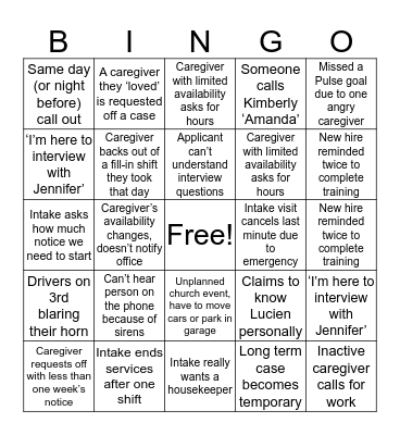 Mom's Home Care Bingo Card