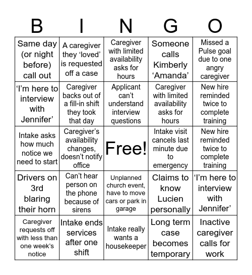 Mom's Home Care Bingo Card