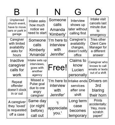 Mom's Home Care Bingo Card