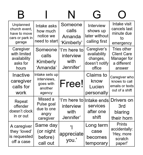 Mom's Home Care Bingo Card