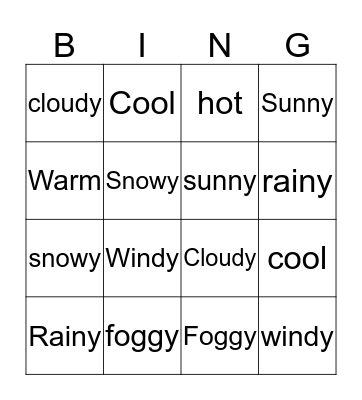 Weather Bingo Card