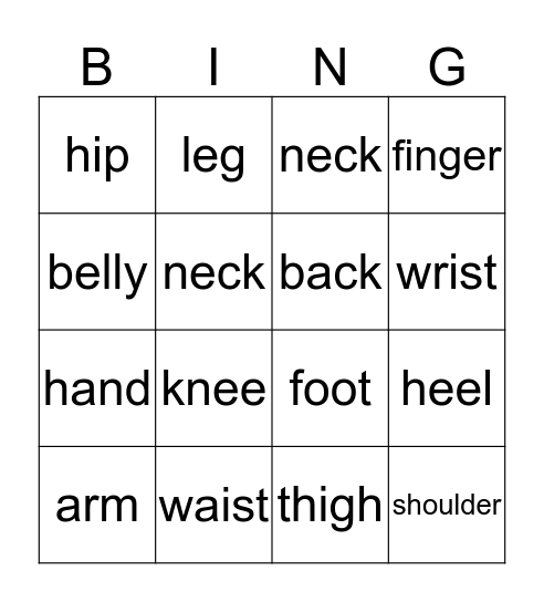 Body Parts Bingo Card