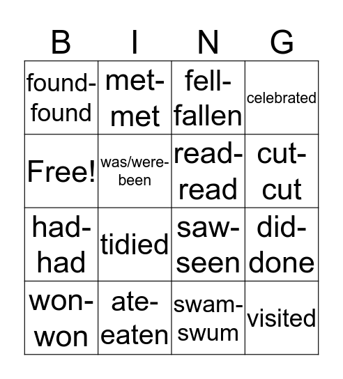 Regular and irregular past verbs Bingo Card