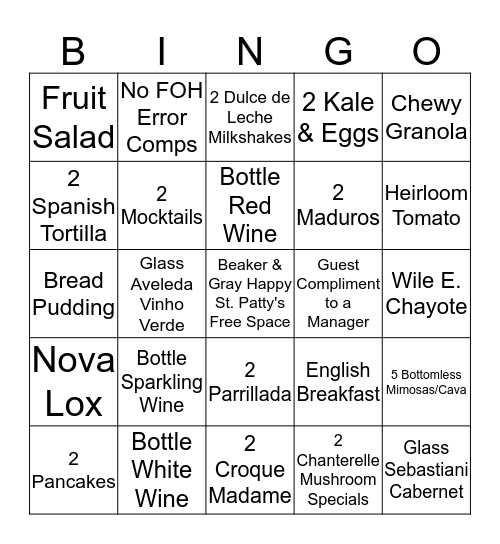 B&G St. Patty Brunch BINGO Card