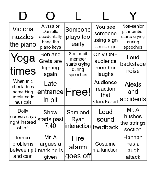 Hello Dolly! Pit Bingo Card