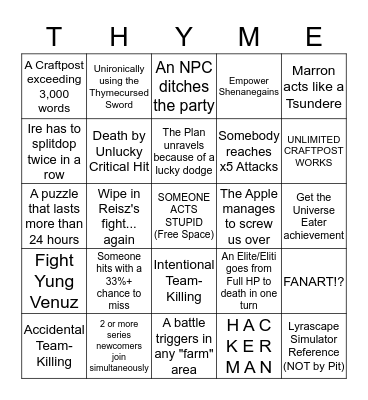 Thymium Bingo Card