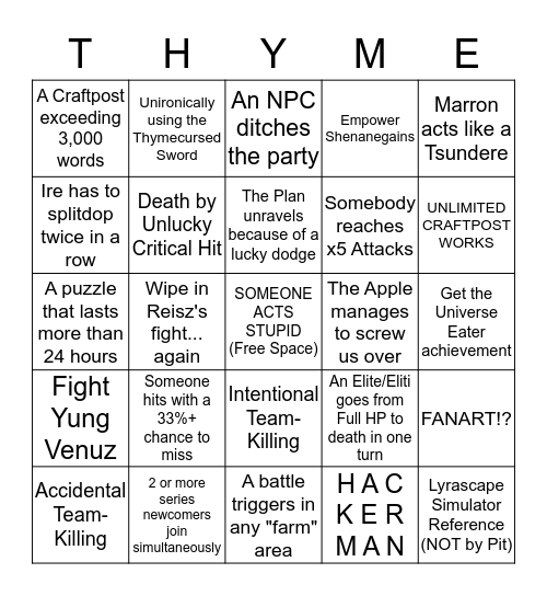 Thymium Bingo Card