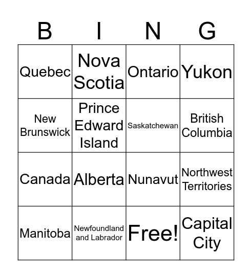 Canadian Provinces Bingo Card