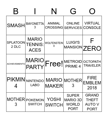 Nintendo Switch E3 Bingo Card