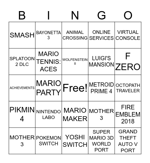 Nintendo Switch E3 Bingo Card