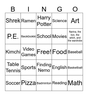 I Like...! Bingo Card