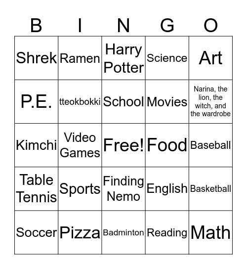 I Like...! Bingo Card