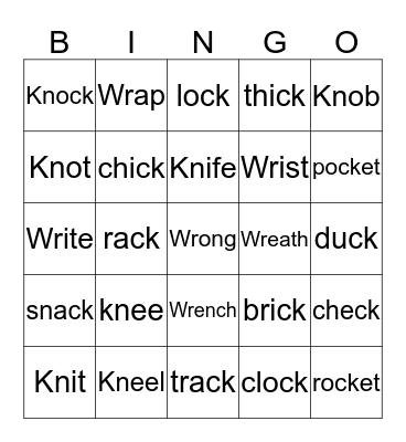 Phonics-Silent Consonants:KN,WR, AND CK Bingo Card