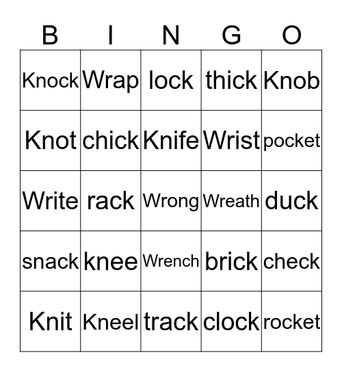 Phonics-Silent Consonants:KN,WR, AND CK Bingo Card