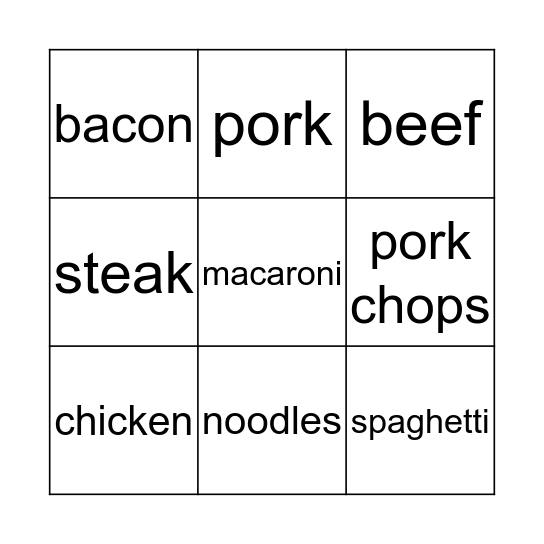 Types of food Bingo Card