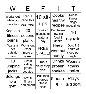 For each of the categories below, find a person in the group who fits the description. Introduce yourself, have them talk or demonstrate and have them sign the designated WEFIT box. You can only use each person once. Bingo Card