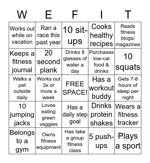 For each of the categories below, find a person in the group who fits the description. Introduce yourself, have them talk or demonstrate and have them sign the designated WEFIT box. You can only use each person once. Bingo Card