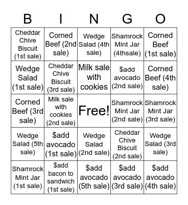 Cashier Bingo Card