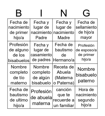 Mi historia familiar Bingo Card