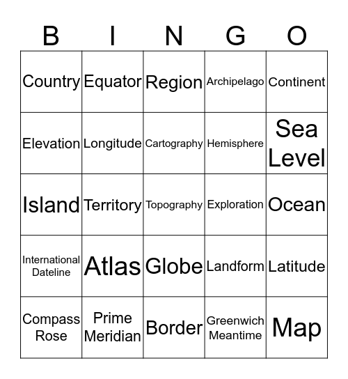 Geography Vocabulary Bingo Card