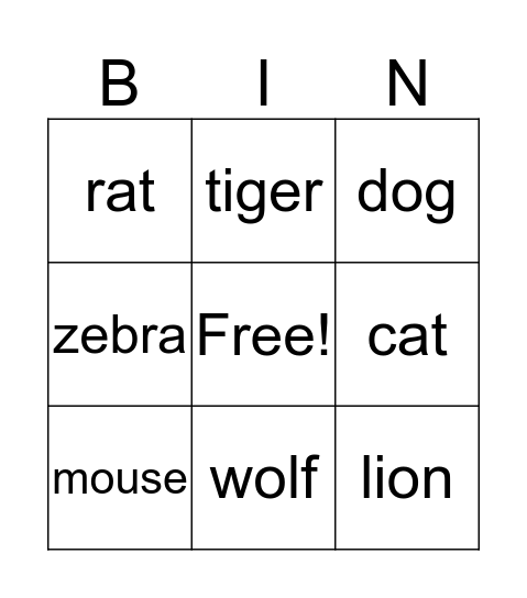 animals Bingo Card