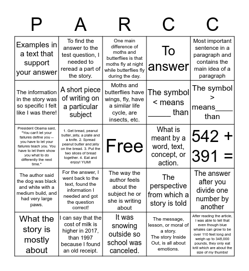 PARCC Bingo Card