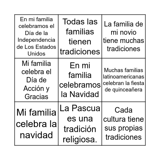 La Familia y Sus Tradiciones Bingo Card