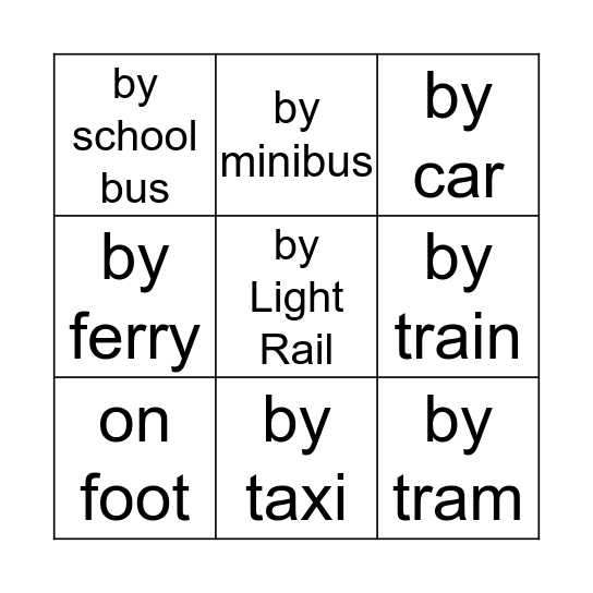 Tranport Bingo Card
