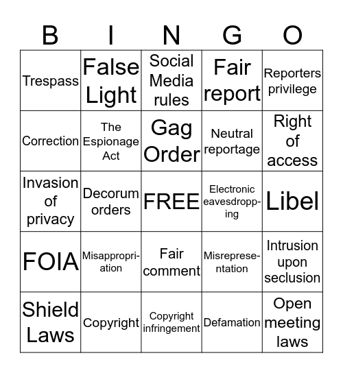 A Briefing on Media Law  Bingo Card