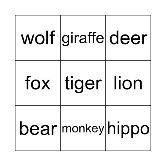 Zoo Animals Bingo Card