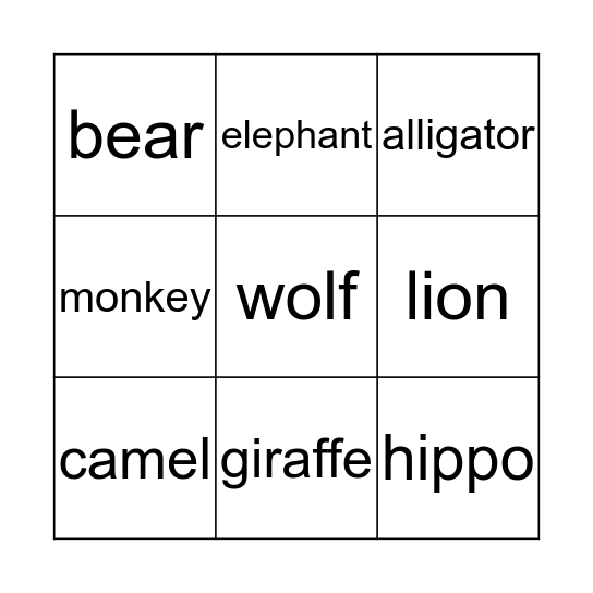 Zoo Animals Bingo Card