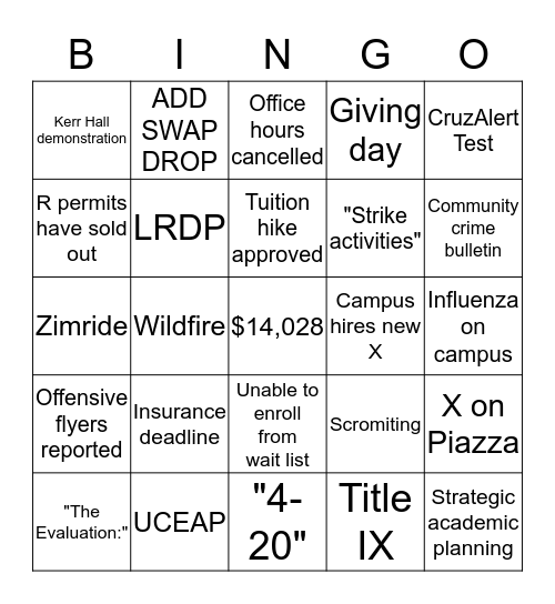 UCSC Email Bingo Card