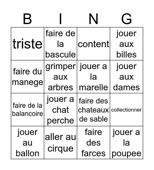 French 2, Chapter 6, Vocabulary 1 Bingo Card
