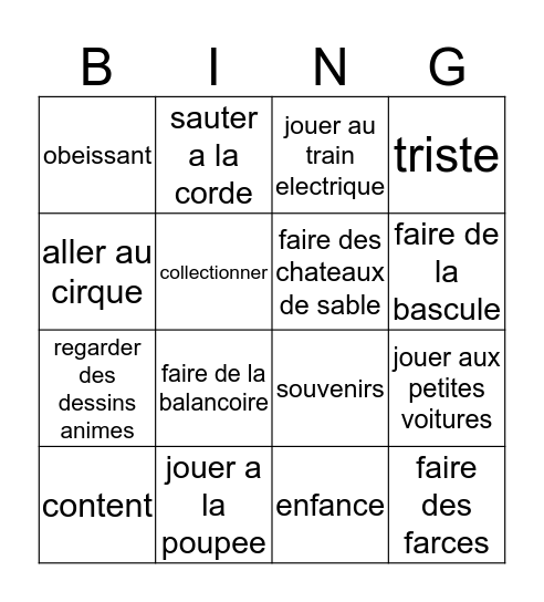 Francais 2, Chapitre 6, Vocabulaire 1 Bingo Card