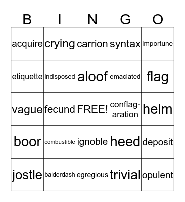 Vocabulary Bingo Card